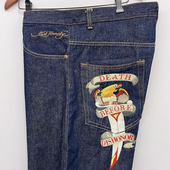 Ed Hardy Y2K Mens 38 Button Fly Wide Leg Jean 16" Shorts Embroidered Eagle Skull - Picture 8 of 12